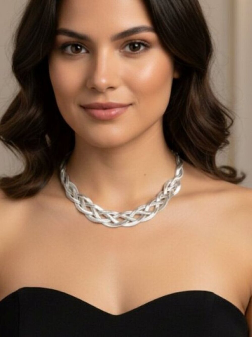 VTG 80s Braided Herringbone Liquid Silver Tone Choker Necklace